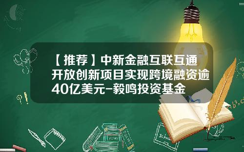 【推荐】中新金融互联互通开放创新项目实现跨境融资逾40亿美元-毅鸣投资基金