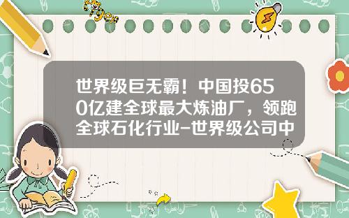 世界级巨无霸！中国投650亿建全球最大炼油厂，领跑全球石化行业-世界级公司中科创达